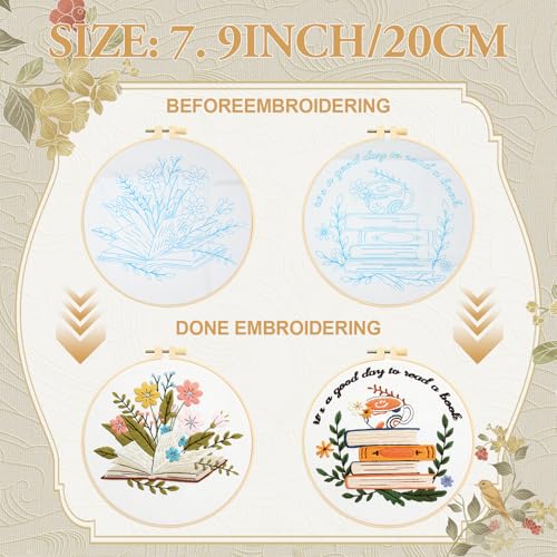 Image of ElasignShopo 4 Set Embroidery Kit for Beginners Adults Book Lovers Embroidery Starter Kit Books Flowers Pattern Hand Crewel Cross Stitch Kits Includes Instruction 2 Hoops Color Threads Needles