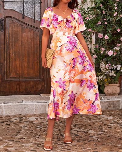Image of Fashionme Womens Dresses 2026 Maxi Dresses Deep V Neck Elegant Bow Tie Front Cap Sleeve Summer Floral Satin Smocked Dress