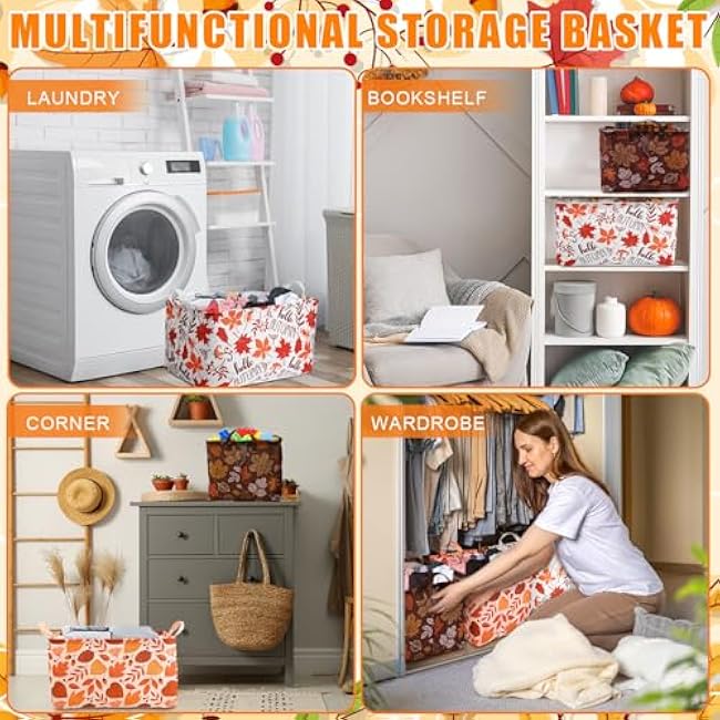 Geelin 3 Pcs Fall Storage Baskets for Gifts, Collapsible Waterproof Canvas Harvest Autumn Maple Leaf Storage Bin Organizer with Handles for Book Closet Shelf Nursery Thanksgiving Day Halloween Decor