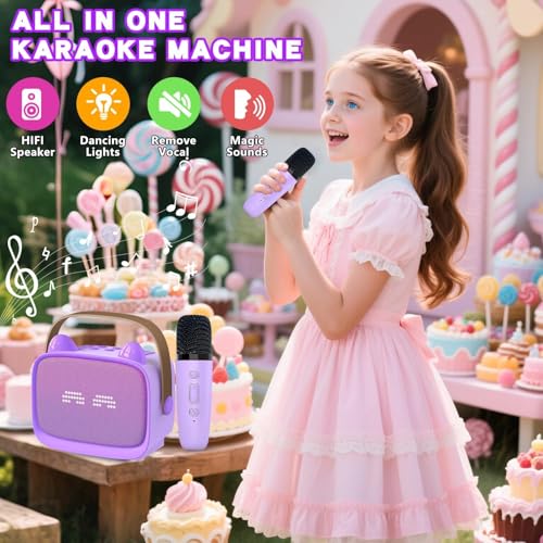 Image of ShinePick Mini Karaoke Machine for Kids with 2 Wireless Mics, Portable Bluetooth Speaker with 5 Magic Voice Effects & RGB Emoji LED Lights, Rechargeable Party Box Birthday Gift for Boys Girls (T99)