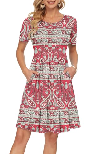 AUSELILY Rot Teilen Blumen Kleider Damen Sommerkleid A Linie Kleid Casual Freizeitkleid Kurzarm Lose Fit Boho Floral Rot S