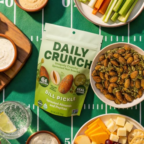 Image of Daily Crunch Sprouted Almonds and Dehydrated nuts for a Unique Crunch, Keto Friendly, Non-GMO Zero Seed Oils, Gluten Free, 4oz (6 Pack, Dill Pickle)