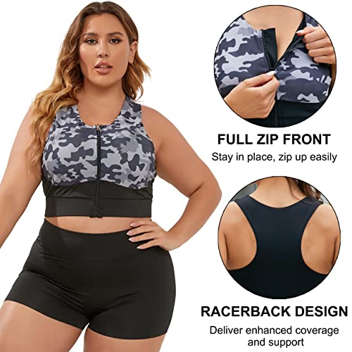 Blooming Jelly Womens Plus Size Sports Bra Zip Front High Impact Sports Bras High Neck Longline Workout Crop Tops (Large, Black Camo) - Image 4
