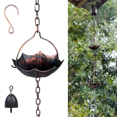 Invech Rain Chains for Gutters, 12.5FT Outside Rain Chains with 12 Cups, Umbrella Shaped Rain Catcher Chain with Bell for Eaves Drainage, Replacement for Downpout