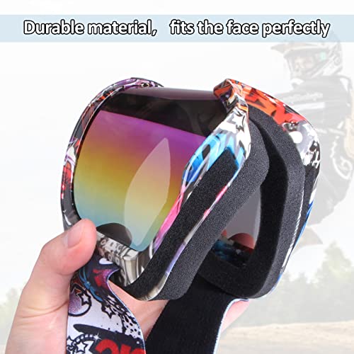 Image of Dirt Bike ATV Goggles Motorcycle Motocorss Riding Racing Glasses | Offroad Bike Goggles, UV400, Anti-Fog Scratch Lens, Dustproof Windproof, for Men Women Youth, Graffiti Frame + Colorful Lens