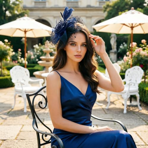 Image of DRESHOW Fascinators Hat Flower Mesh Ribbons Feathers on a Headband and a Clip Tea Party Headwear for Girls and Women