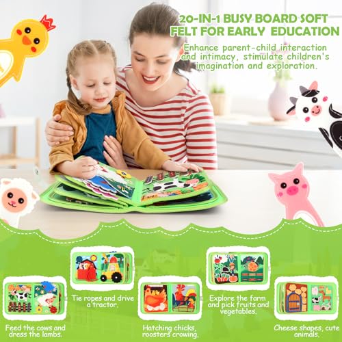 Montessori Spielzeug ab 1-3 Jahre, 20 in 1 Busy Board Weichem Filzbuch für Frühe Bildung, Quiet Book mit Bauernhof Thema, Busy Book für Autofahrten, Geschenk Spielzeug ab 1-2-3-4 Jahre Mädchen Jungen