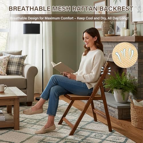 Rattan Folding Chairs, Modern Mid Century Dining Chairs Set of 2, Outdoor Bamboo Chairs for Bedroom Living Room Reading Room Dining Kitchen, Walnut - Image 6