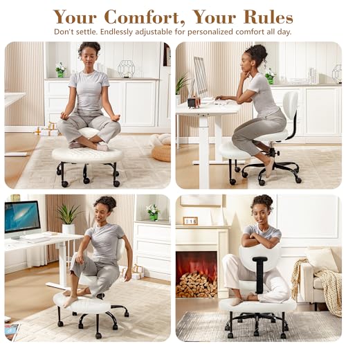 Ergonomic Cross Legged Office Chair with Wheels - Adjustable Height for Meditation, ADHD Desk & Yoga - Wide Criss Cross Design with Lumbar Support, Kneeling Chair - White