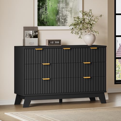 Image of BORNOON Fluted 7 Drawer Dresser, 47.2 inch Wide Modern Boho Chest of Drawers, Wooden Storage Dresser TV Stand for Bedroom, Living Room, Closet, Hallway, Curved Profile Design