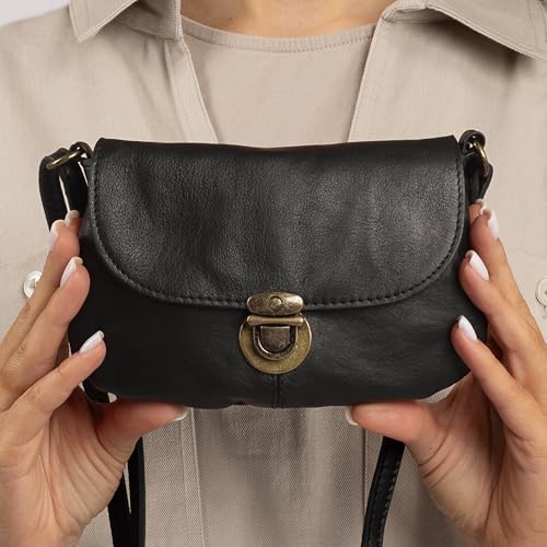 Gusti Leder Umhängetasche Rona – Kleine Handtasche Damen – Vintage Umhängetasche Damen aus echtem Leder – Schwarz