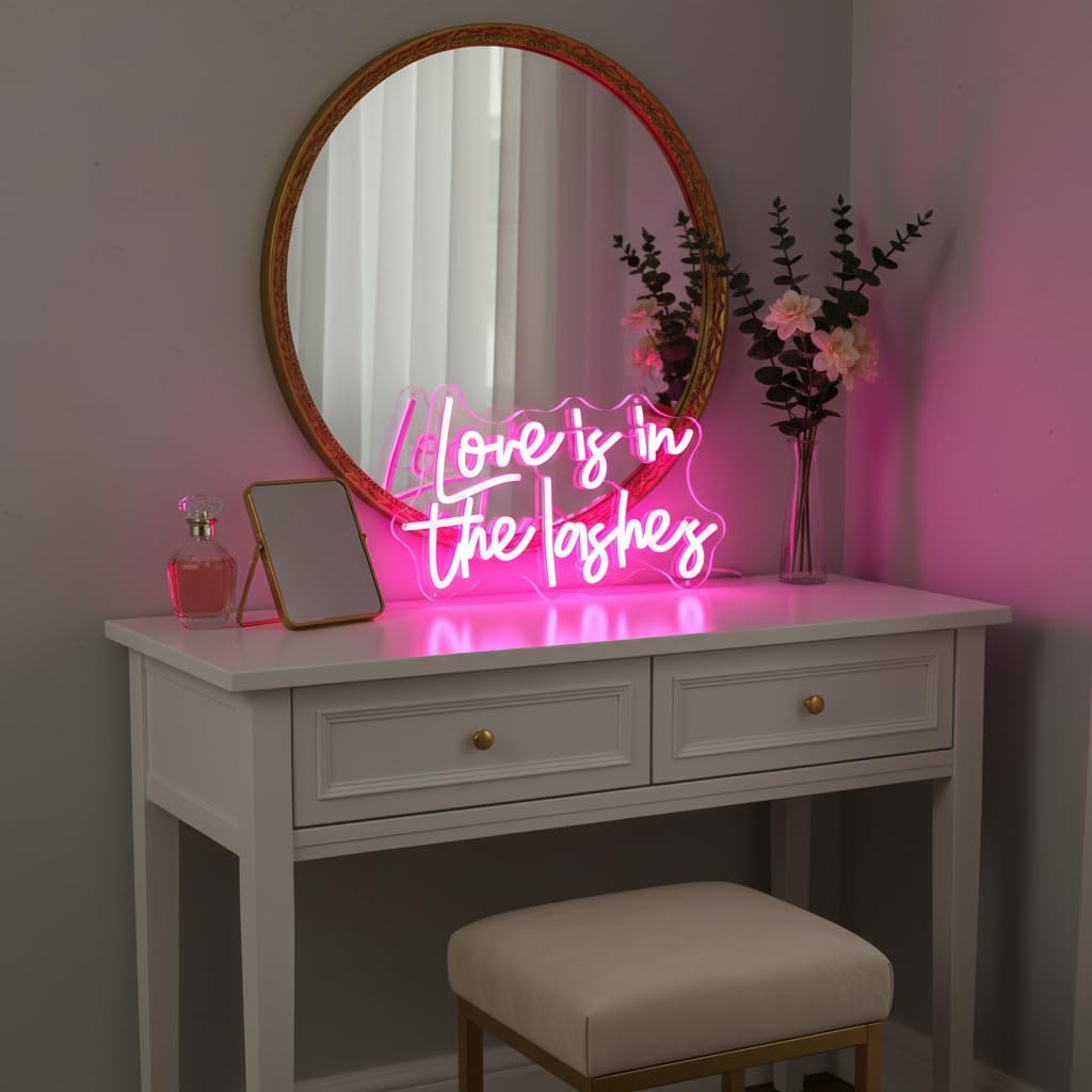 Love is in the Lashes LED Neon Sign for Salon Beauty Room, Pink Dimmable Love is in the Lashes Light up Neon Sign Suitable for Makeup Room Lash Tech Wall Decor, Girls Room, 5v-usb