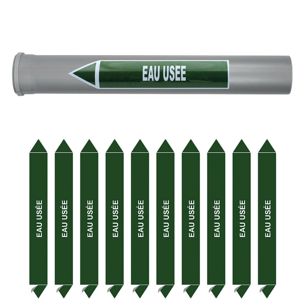 Planche de 10 marqueurs de tuyauterie EAU (Ø DM 10 à 25) pour fluide EAU USÉE / 150 x 12mm
