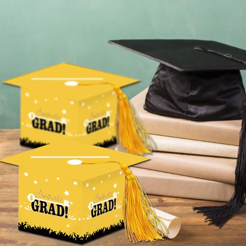 Image of 2026 Graduation Party Card Box, Yellow Gold Congrats Cap Card Holder Box with Tassel for 2026 Graduation Party Decorations