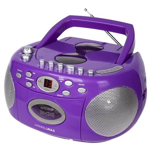 HANNLOMAX HX-323CD Portable CD Player, AM/FM Radio, Cassette Recorder, Records from CD or Radio, Headphone Jack, AC/DC Dual Power Source. (Purple)