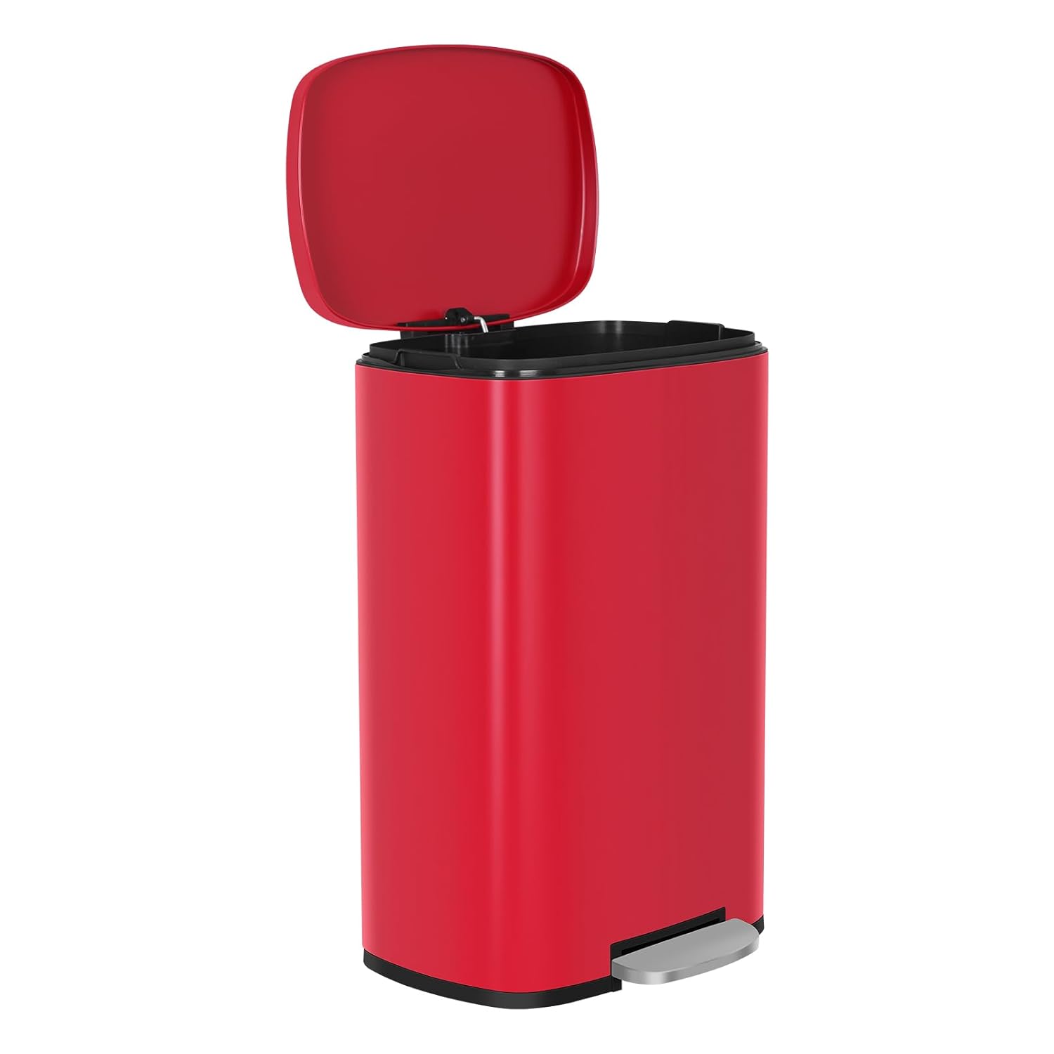 Stainless Steel Trash Can 50 L/13 Gallon Garbage Can for Kitchen Hands Free Step On Tash Bins, Removable Inner Bucket and Soft Close Lid, Red