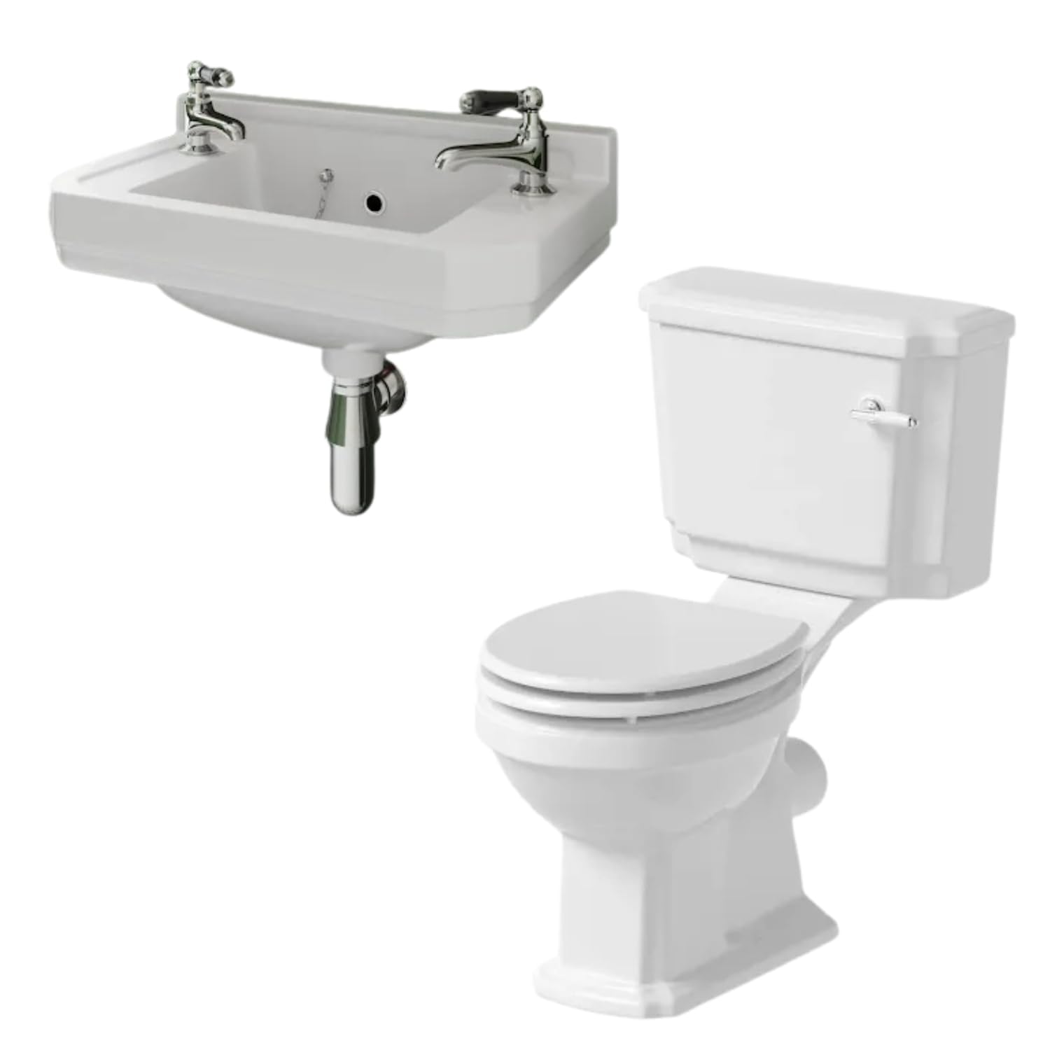 Park Lane® Cloakroom Bathroom Suite Close Coupled Single Flush Toilet WC Cistern Wall Hung Basin Soft Close Traditional Ceramic Set White Gloss