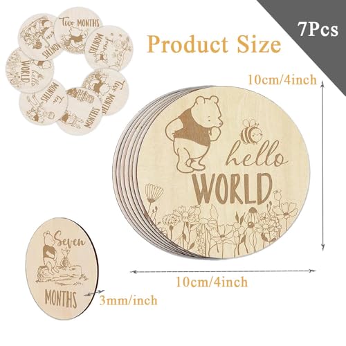 7Pcs Winnie Baby Monthly Milestone Circles,Double-Sided Printing Months Baby Milestone Wooden Keepsake,Winnie Baby Shower Gifts, Winnie Baby Monthly Announcement Wooden Discs for Documenting Growth - Image 3