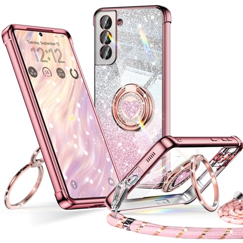 XYZ Cover per Samsung Galaxy S22, Custodia con Cuore Doppio Anello Stand Lusso Glitter Cellulare, Donne Antiurto Placcato Morbido Protettivo Chiaro Samsung S22, Oro Rosa