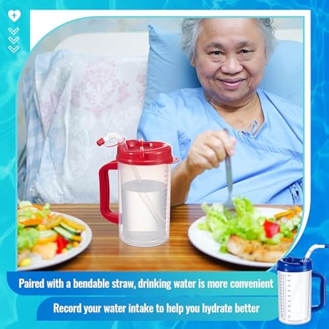 32 oz Hospital Water Cup with Straw and Lid Insulated Double Walled Water Cup with Handle and Straw Elderly Bottle Plastic Drinking Hospital Carafe Insulated Mug(Red and Blue,4)