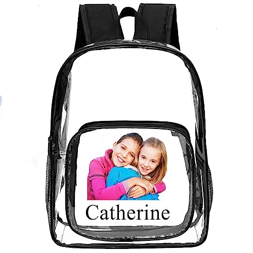 Amlion Custom Clear Backpack with Name Personalized Transparent Backpacks,Customized Logo Photo Clear PVC Backpacks Heavy Duty for College Workplace Travel Sports(Black Photo)
