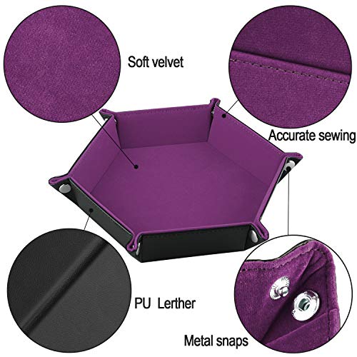 Image of SIQUK Double Sided Dice Tray, Folding Hexagon PU Leather and Velvet Dice Holder for Dungeons and Dragons RPG Dice Gaming D&D and Other Table Games, Dark Violet