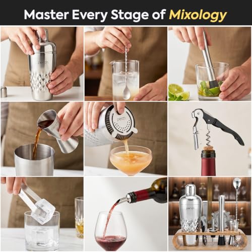 Image of O' Holic by Perch 10-Piece Bartender Kit with Mango Wooden Stand|Cocktail Shaker Gift Set with Jigger, Strainer,Spoon, Muddler, Pourers, Corkscrew & Tongs|Home Bar Accessories for Mixing Drinks|Silver