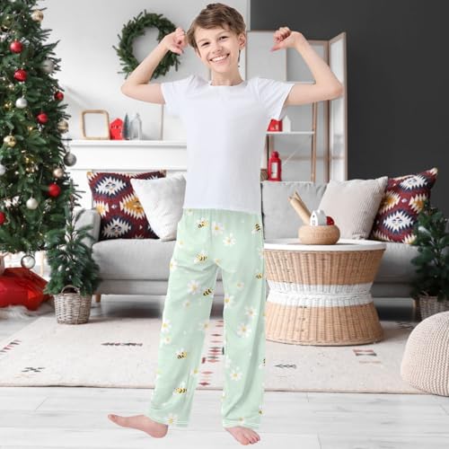 Boy's Pj Pants Cartoon Bees Heart Green Lounge Bottoms Elastic Waist Kids Joggers with Pockets Size 6-142