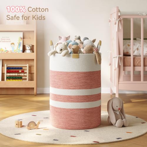 Image of 95L Laundry Hamper with Leather Handles,Laundry Basket,Coral Pink&White