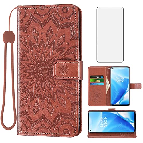 Phone Case for Oneplus Nord N200 5G Wallet with Tempered Glass Screen Protector and Leather Slim Flip Cover Card Holder Stand Cell Accessories One Plus N 200 1plus One+ 1+ N2005G Women Men Brown