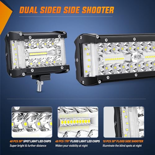 Image of Nilight Side Shooter LED Light Bar Set 12 Inch Triple Row Spot Flood Combo Lights 2PCS 4.3Inch Pods with 5Pin Rocker Switch Wiring Harness Kit for Off-Road Truck ATV UTV Boat