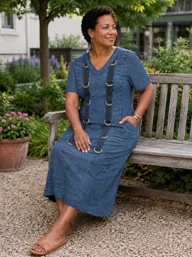 Image of SUZONANA Plus Size Denim Print Maxi Dresses for Women Casual V Neck Short Sleeve with Pockets Soft Jean Look Dress XL-6XL