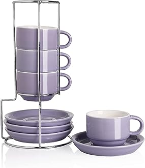 SweejarPorcelain Espresso Cups with Saucers, 4 Ounce Stackable Cappuccino Cups with Metal Stand for Coffee Drinks, Latte, Tea - Set of 4 (Purple)