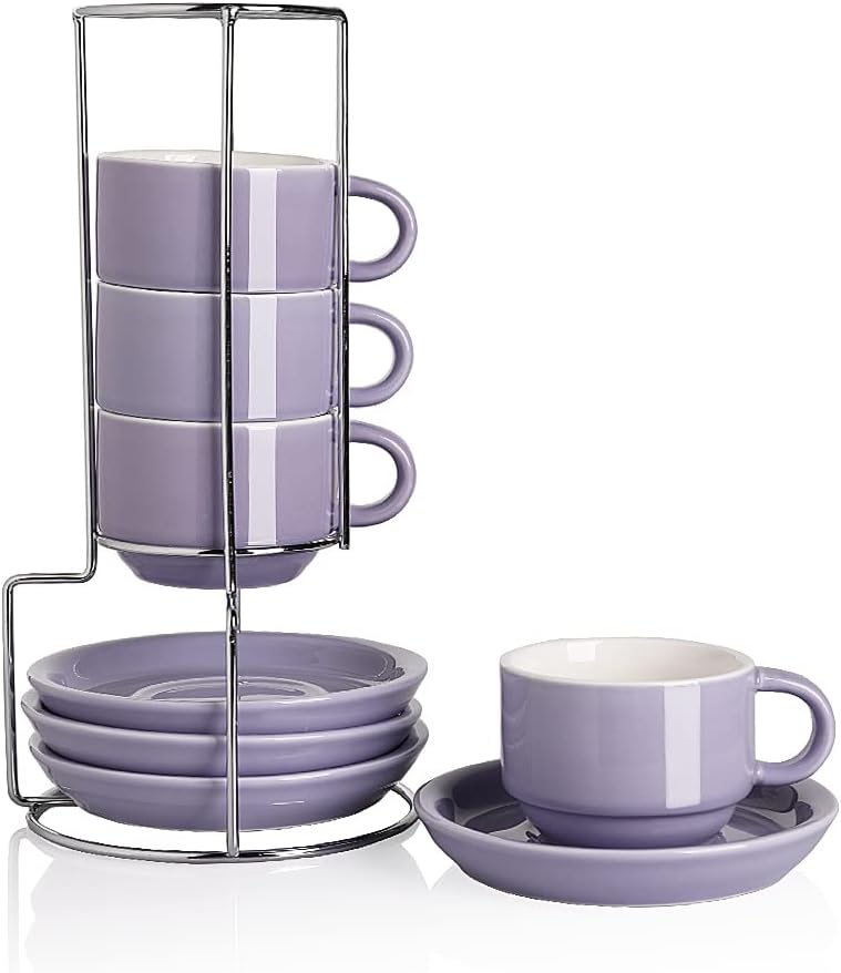 SweejarPorcelain Espresso Cups with Saucers, 4 Ounce Stackable Cappuccino Cups with Metal Stand for Coffee Drinks, Latte, Tea - Set of 4 (Purple)
