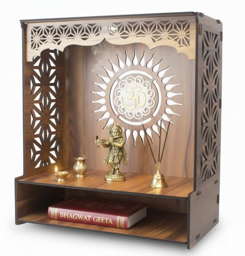 Image of Royal Walnut Finish Wooden Pooja Mandir | Wall Mounted Home Temple with LED Lights & Spacious Storage | Premium Handcrafted Puja Unit (37.5 * 29 * 25 CM) (Large) A6