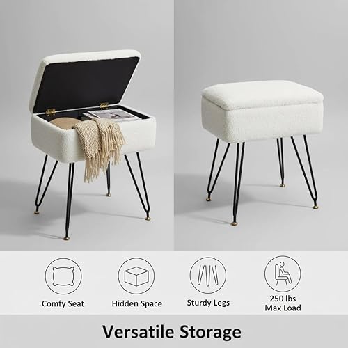 Miniatura 3 de Taburete de tocador, taburete otomano de piel sintética de peluche con patas de metal y pies negros ajustables, silla de maquillaje con Blanco,Negro