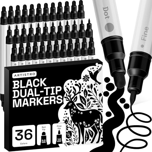Image of ARTISTRO 36 Black Dual-Tip Acrylic Paint Markers - Paint Pens Set with Dot & Fine Tips for Fabric, Rock, Glass, Wood, Coloring Books - Arts & Crafts Gift - Classroom Must Haves & School Supplies