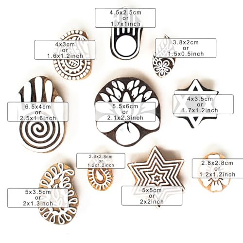 Image of Wooden Stamp Block, Printing Stamp Design Set | Block for Printing Saree Border | Dresses, Craft Card Making, Scrapbook, Clay Pottery | Set of 10
