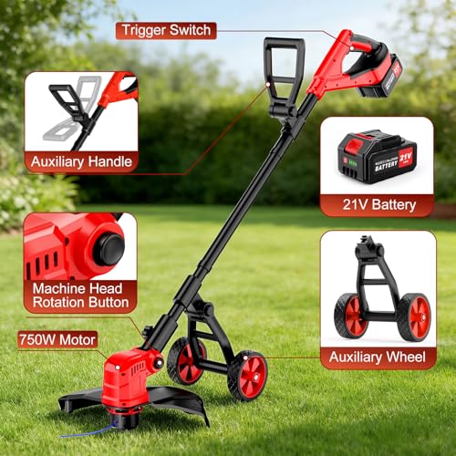 Image of 6000mAh Cordless Electric Weed Wacker, 12 inch Brushless Cordless String Trimmer, 4 in 1 Weed Eater /Brush Cutter /Weed Trimmer with 2*Batteries Powered & Auxiliary Wheels, Grass Trimmer (Red A)