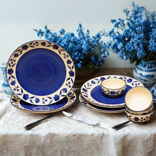 Image of Freakway Hand-Painted Floral Dinner Ceramic Sets of 8 Pieces Including (10 Inch) - 4 Dinner Plates with 4 Serving Bowls (180 Ml) | Dishwasher & Microwave Safe - Royal Blue