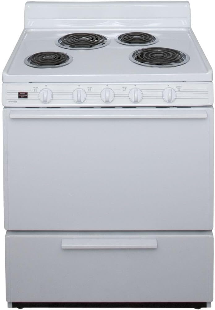 Premier EDK100OP White 30 Electric Range with 3.9 Cu. Ft. Capacity Two 8 Coil Element Two 6 Coil Elements 4 Porcelain Backguard ADA Compliant Surface Signal Light and Lift Top with Support