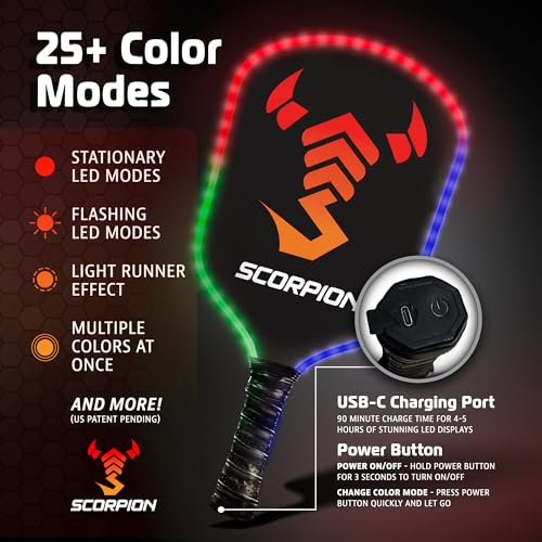 Image of SCORPION LED Pickleball Paddles Set of 2 or 1 - Lightweight Rackets with LED Edge Lighting | Carbon Fiber /Fiberglass /Wood Face | Durable Paddles for Women, Men, and Kids | Includes Bonus Accessories