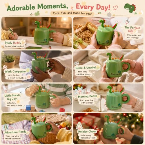 NQQNQQ Be-G Dinosaur Mug with Lid and Spoon, 400ML Ceramic Coffee Mug for Tea & Coffee, Cute Dinosaur Gift for Christmas, Holiday Teacup for Women. (Dino/Green) - image 5