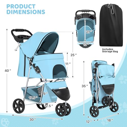 Image of Magshion 3-Wheel Pet Stroller, Foldable Travel Jogger for Small & Medium Dogs & Cats (Up to 33lbs), Lightweight Carrier with Breathable Mesh Cover, Cup Holder & Storage Basket, Mint Green