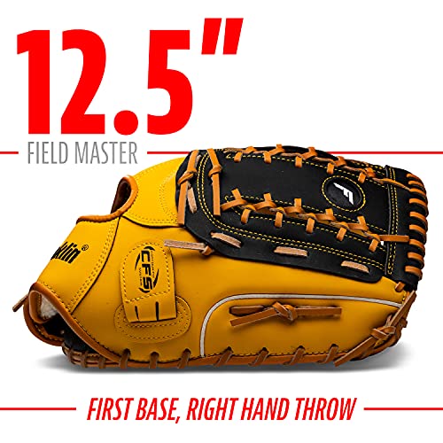 Image of Franklin Sports Field Master Baseball and Softball Gloves for Adults, Youth, and Kids - Durable and Soft Synthetic Leather - Adjustable Fit - Right Hand Throw - 12.5 inch in. First Base Mitt - Black /Tan