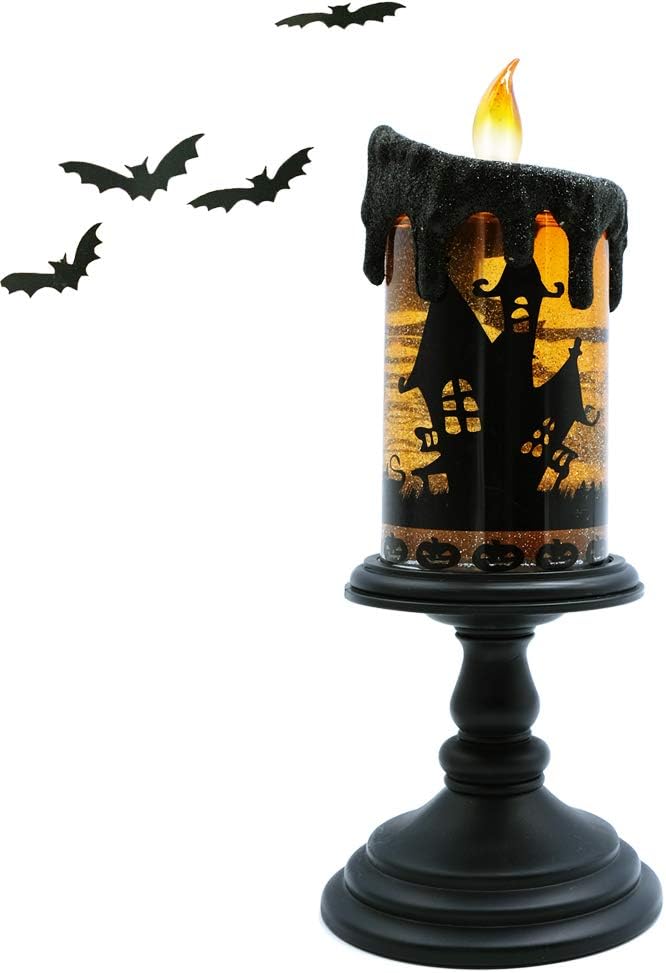 DRomance Halloween Flameless Candle Snow Globe Battery Operated with 6 Hour Timer, Yellow Light Bat Decal Water Tornado Lamp LED Candlestick Halloween Season Decor Gift 4 x 10 Inches