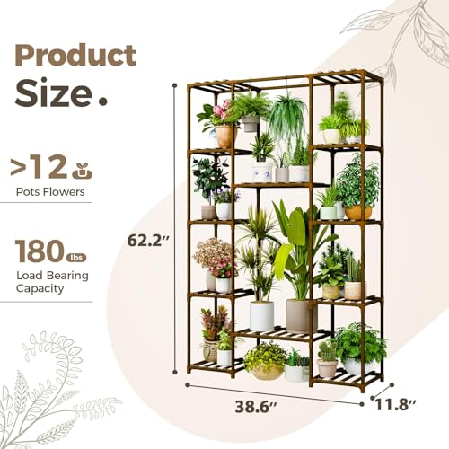 Bamworld 62.2'' Tall Plant Stand Indoor Large Plant Shelf for Multiple Plants Wood Flower Stand Outdoor Hanging Plant Rack for Living Room Garden Balcony Home Decor - Image 5