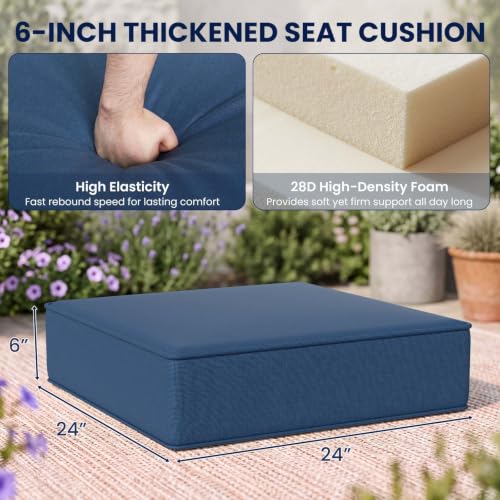 Image of DoCred Set of 2 Outdoor Chair Cushion, 6 inch Thick Patio Seat Cushion, Blue | 28D High Density Sponge Cushions & 7 inch Back Pillows with Fade and Water Resistant Cover for Patio Furniture Sofa Bench Swing