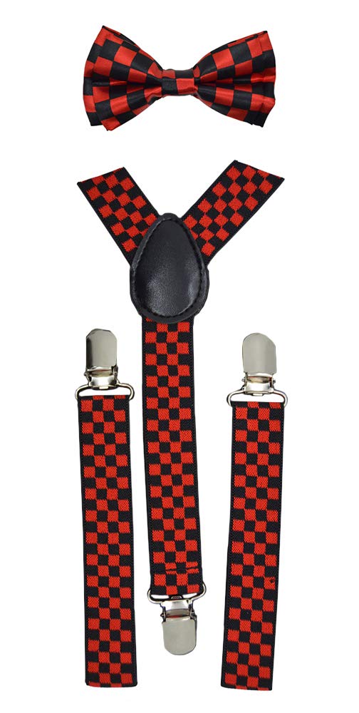 CUTE Baby Toddler Kids Children Boys Checker Elastic Suspender Red/Black Bow Tie Set