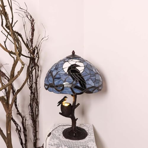 Bieyel10968ravensittingonbaretreebranchinfullmoonnighttiffanystylestainedglasstablelampforhomedecordarkblue16wx24hnest  Urban Country Home Decor Bieye l10968 raven sitting on bare tree branch in full moon night tiffany style stained glass table lamp for home decor dark blue 16wx24h nest  urban country home decor